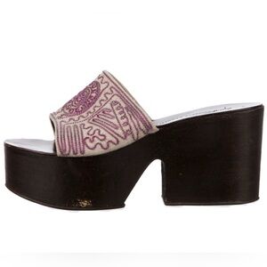 Giuseppe Zanotti Beige Canvas Embroidered Chunky Platform Sandal Slides Sz 37.5